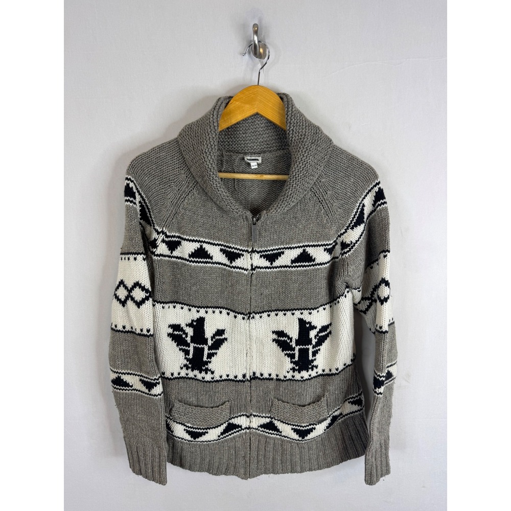 Kismet Women XL Cowichan Wool Blend Eagle Shawl Collar Zip Cardigan Sweater Grey